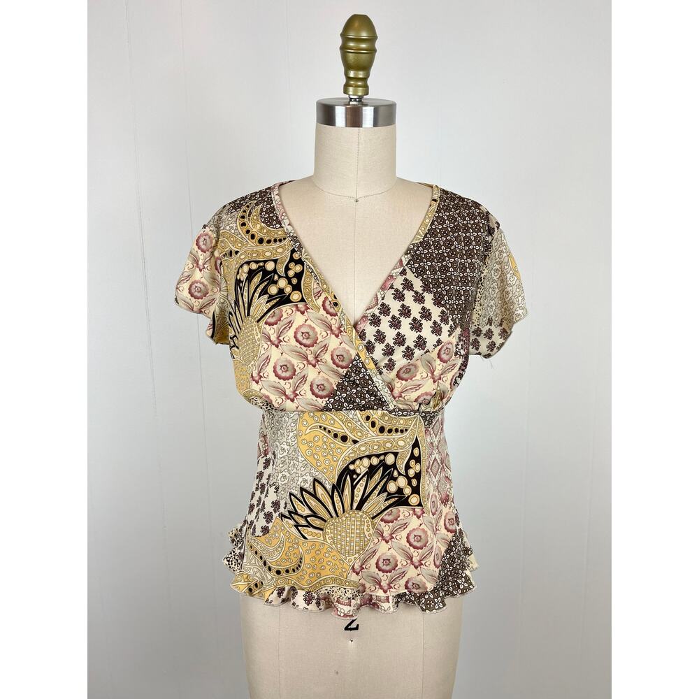 Vintage Y2K Brown Mixed Print‎ Pattern Top Large No Boundaries Fairy Cyber 2000s - Picture 13 of 14